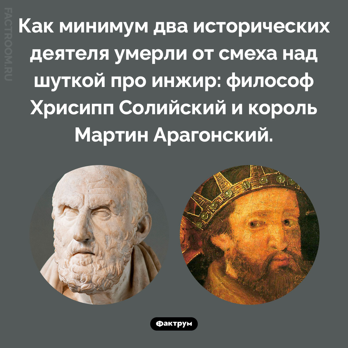 Шутки про инжир. Как минимум два исторических деятеля умерли от смеха над шуткой про инжир: философ Хрисипп Солийский и король Мартин Арагонский.