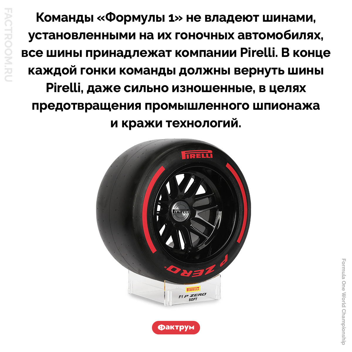 Все шины «Формулы&nbsp;1» принадлежат компании Pirelli. Команды «Формулы 1» не владеют шинами, установленными на их гоночных автомобилях, все шины принадлежат компании Pirelli. В конце каждой гонки команды должны вернуть шины Pirelli, даже сильно изношенные, в целях предотвращения промышленного шпионажа и кражи технологий.