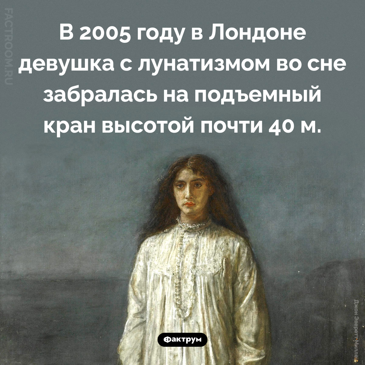 Куда может забраться лунатик. В 2005 году в Лондоне девушка с лунатизмом во сне забралась на подъемный кран высотой почти 40 м.