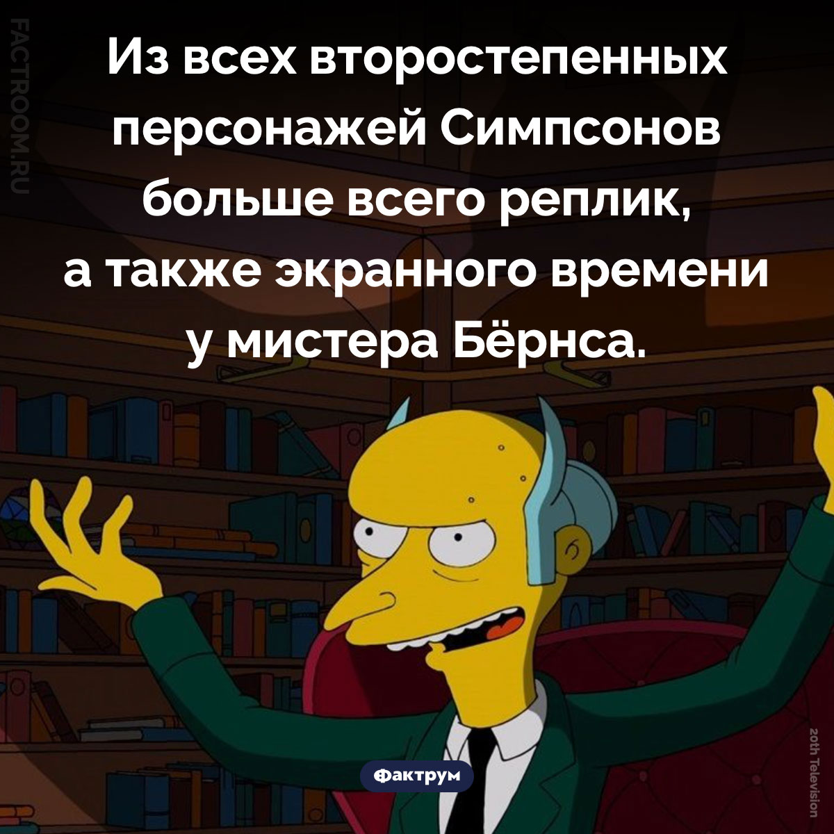 Симпсоны и&nbsp;мистер Бёрнс. Из всех второстепенных персонажей Симпсонов больше всего реплик, а также экранного времени у мистера Бёрнса.