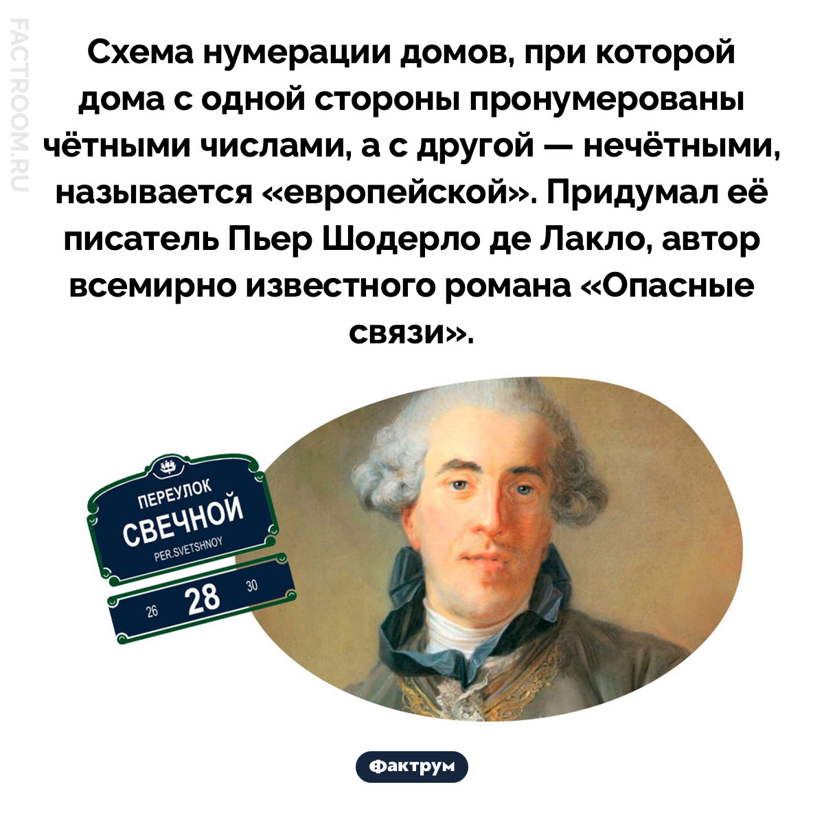 Современная схема нумерации домов называется «европейской». Схема нумерации домов, при которой дома с одной стороны пронумерованы чётными числами, а с другой — нечётными, называется «европейской». Придумал её писатель Пьер Шодерло де Лакло, автор всемирно известного романа «Опасные связи».