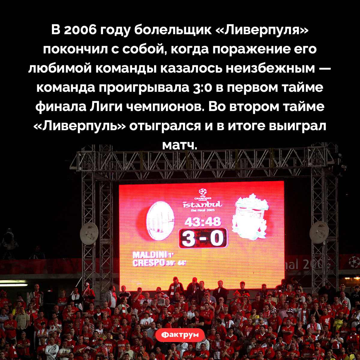 Поторопился…. В 2006 году болельщик «Ливерпуля» покончил с собой, когда поражение его любимой команды казалось неизбежным — команда проигрывала 3:0 в первом тайме финала Лиги чемпионов. Во втором тайме «Ливерпуль» отыгрался и в итоге выиграл матч.