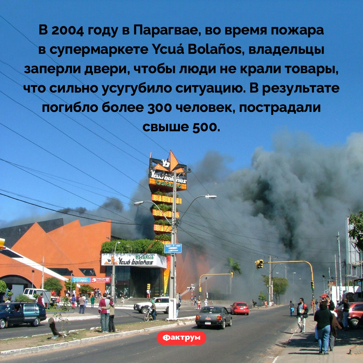 Пожар в супермаркете Ycuá Bolaños. В 2004 году в Парагвае, во время пожара в супермаркете Ycuá Bolaños, владельцы заперли двери, чтобы люди не крали товары, что сильно усугубило ситуацию. В результате погибло более 300 человек, пострадали свыше 500.