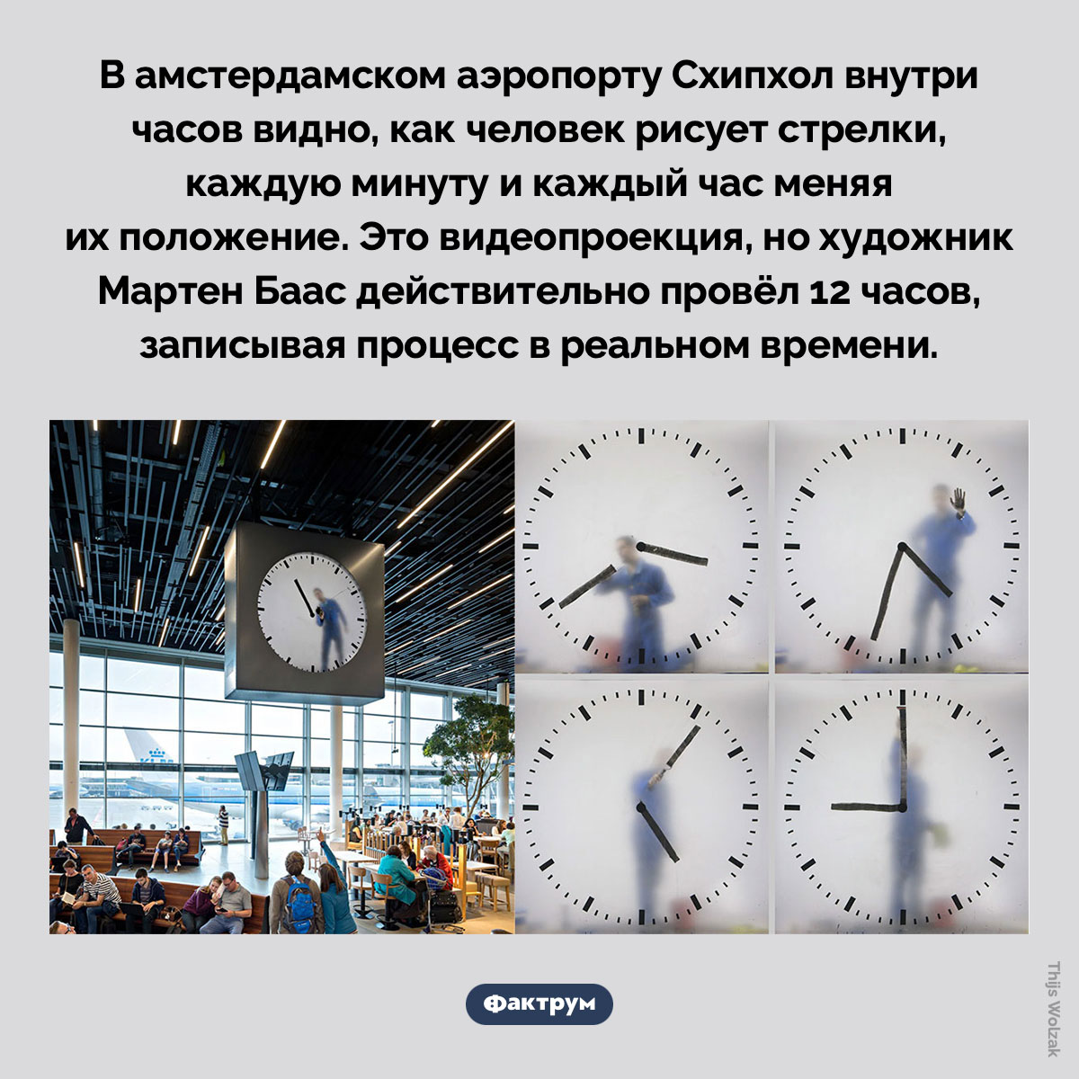 Часы Мартена Бааса. В амстердамском аэропорту Схипхол внутри часов видно, как человек рисует стрелки, каждую минуту и каждый час меняя их положение. Это видеопроекция, но художник Мартен Баас действительно провёл 12 часов, записывая процесс в реальном времени.
