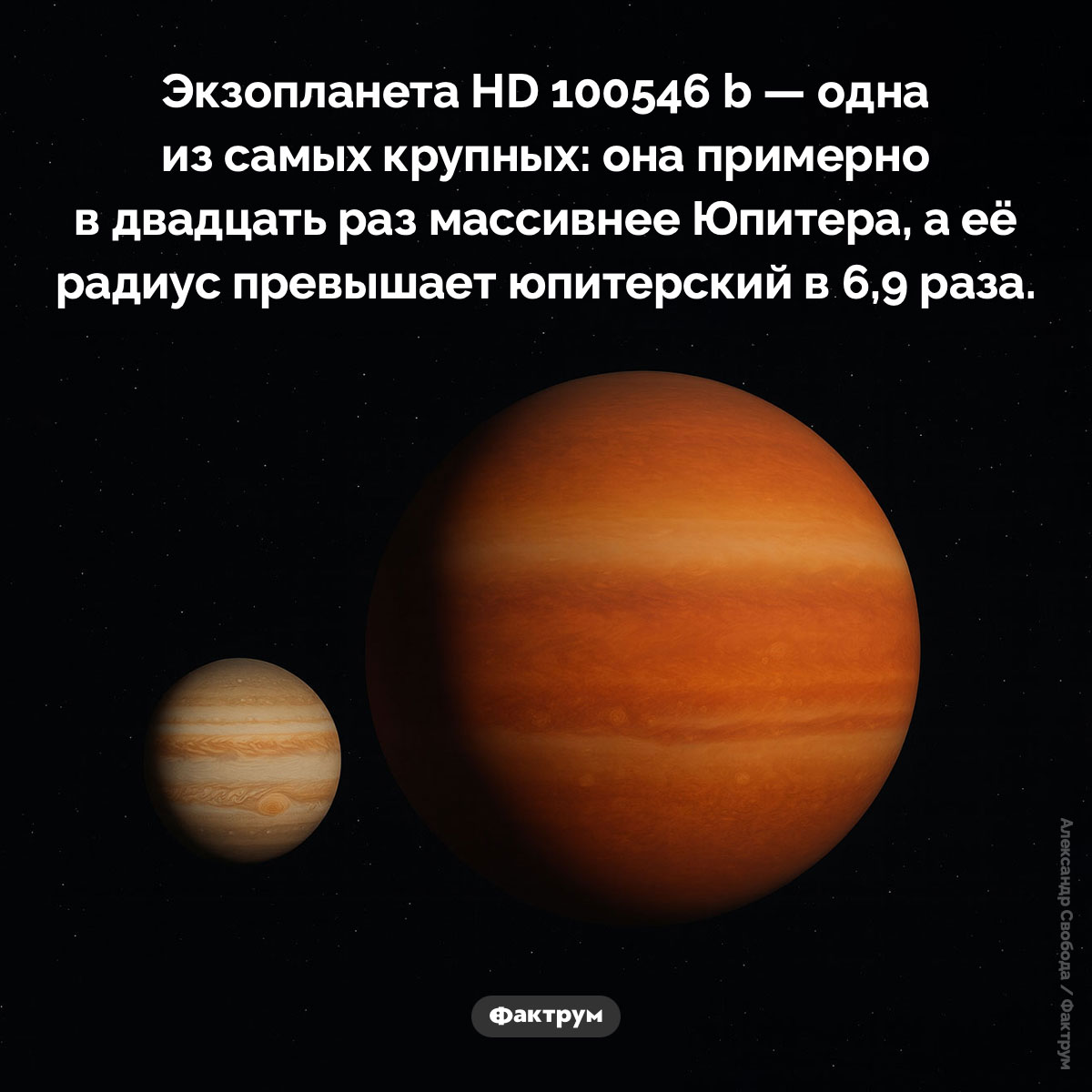 Экзопланета HD 100546 b. Экзопланета HD 100546 b — одна из самых крупных: она примерно в двадцать раз массивнее Юпитера, а её радиус превышает юпитерский в 6,9 раза.