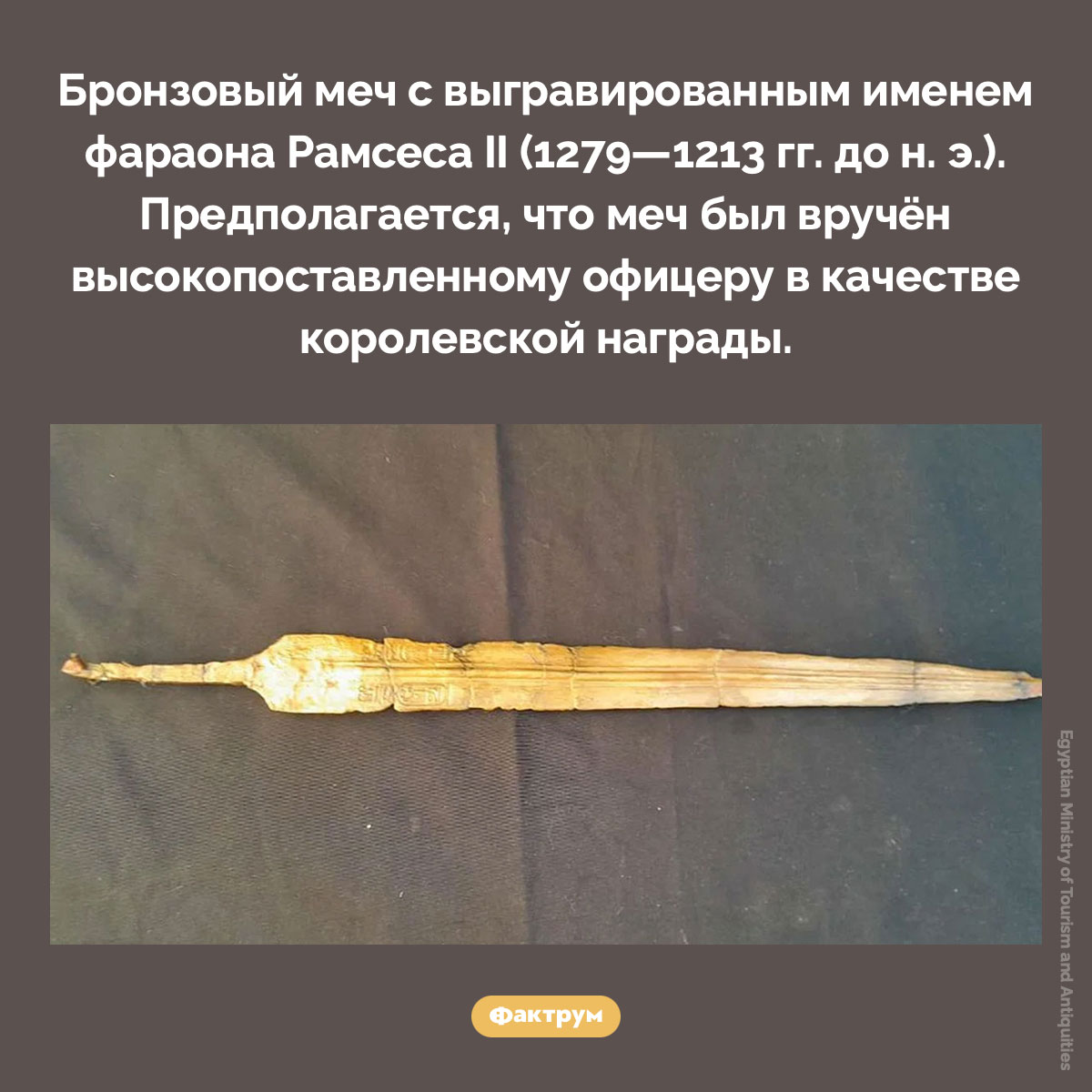 Королевская награда Рамсеса II. Бронзовый меч с выгравированным именем фараона Рамсеса II (1279—1213  гг. до н. э.). Предполагается, что меч был вручён высокопоставленному офицеру в качестве королевской награды.