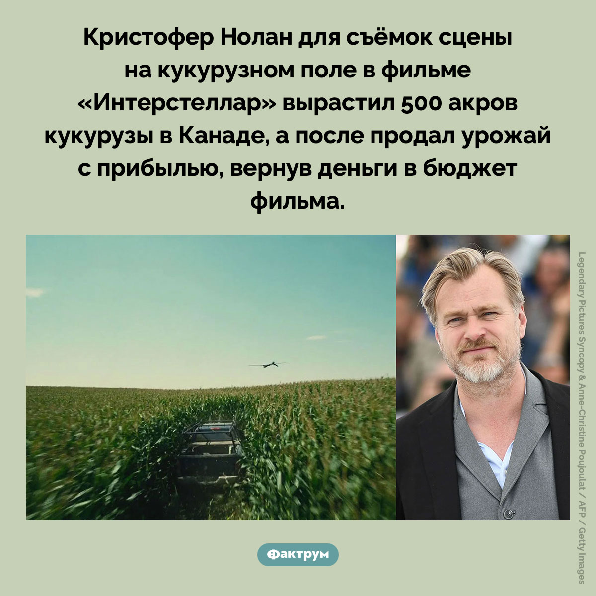 Кристофер Нолан и кукурузное поле. Кристофер Нолан для съёмок сцены на кукурузном поле в фильме «Интерстеллар» вырастил 500 акров кукурузы в Канаде, а после продал урожай с прибылью, вернув деньги в бюджет фильма.