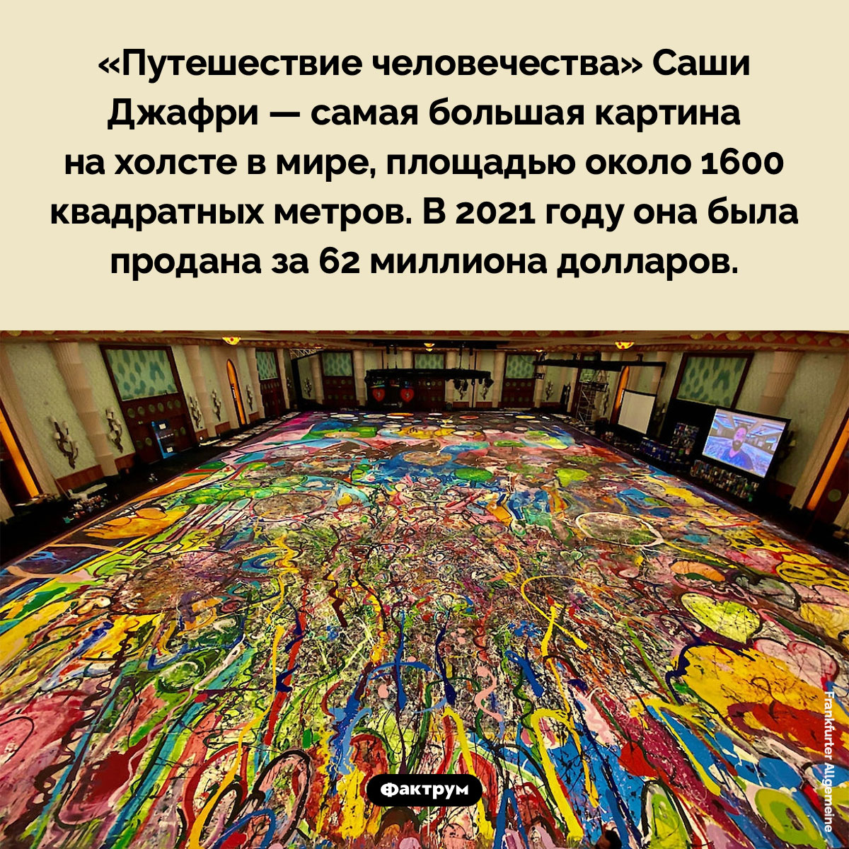 Самая большая картина на холсте в мире. «Путешествие человечества» Саши Джафри — самая большая картина на холсте в мире, площадью около 1600 квадратных метров. В 2021 году она была продана за 62 миллиона долларов.