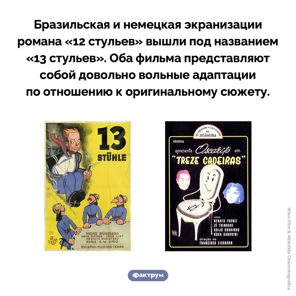13 стульев. Бразильская и немецкая экранизации романа «12 стульев» вышли под названием «13 стульев». Оба фильма представляют собой довольно вольные адаптации по отношению к оригинальному сюжету.