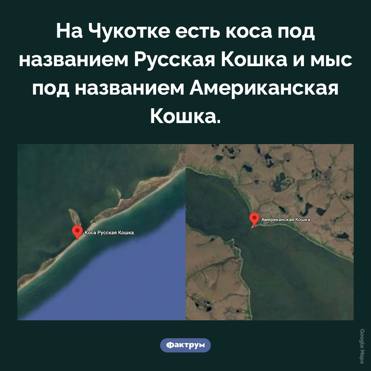 Американская и Русская Кошки. На Чукотке есть коса под названием Русская Кошка и мыс под названием Американская Кошка.