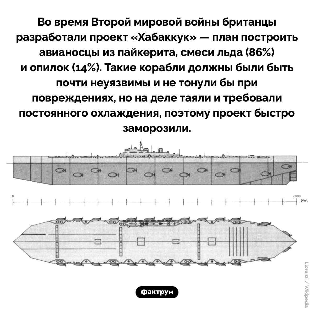 Авианосцы изо льда. Во время Второй мировой войны британцы разработали проект «Хабаккук» — план построить авианосцы из пайкерита, смеси льда (86%) и опилок (14%). Такие корабли должны были быть почти неуязвимы и не тонули бы при повреждениях, но на деле таяли и требовали постоянного охлаждения, поэтому проект быстро заморозили.