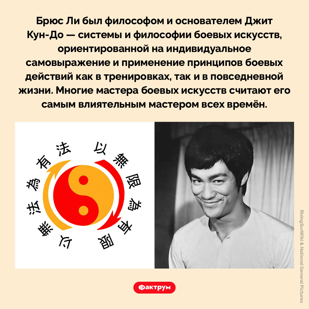 Брюс Ли был философом. Брюс Ли был философом и основателем Джит Кун-До — системы и философии боевых искусств, ориентированной на индивидуальное самовыражение и применение принципов боевых действий как в тренировках, так и в повседневной жизни. Многие мастера боевых искусств считают его самым влиятельным мастером всех времён.