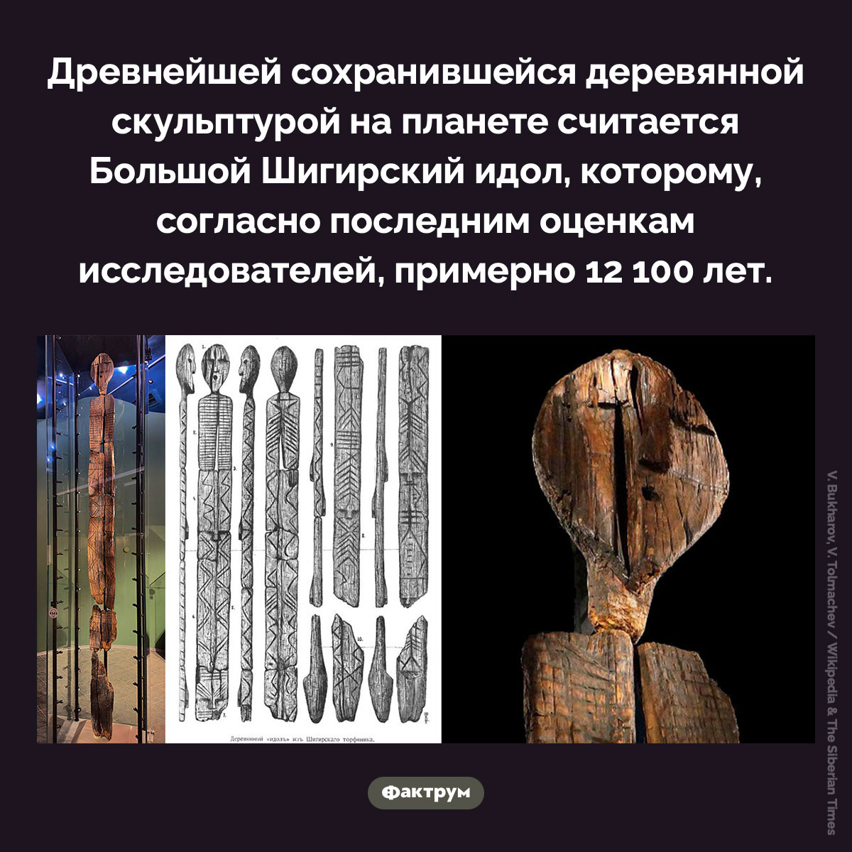 Девнейшая в мире деревянная скульптура. Древнейшей сохранившейся деревянной скульптурой на планете считается Большой Шигирский идол, которому, согласно последним оценкам исследователей, примерно 12 100 лет.