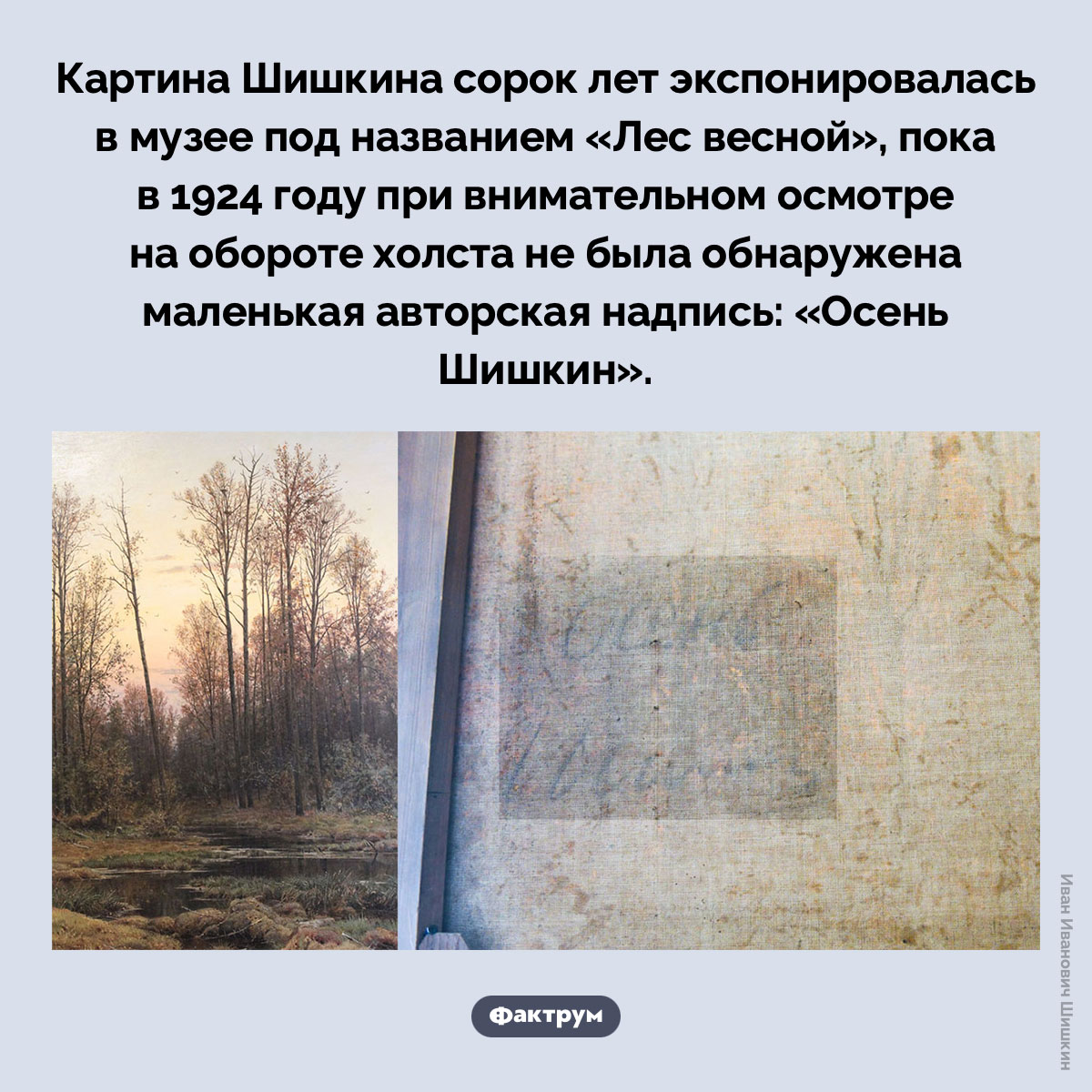 «Осень» Шишкина. Картина Шишкина сорок лет экспонировалась в музее под названием «Лес весной», пока в 1924 году при внимательном осмотре на обороте холста не была обнаружена маленькая авторская надпись: «Осень Шишкин».