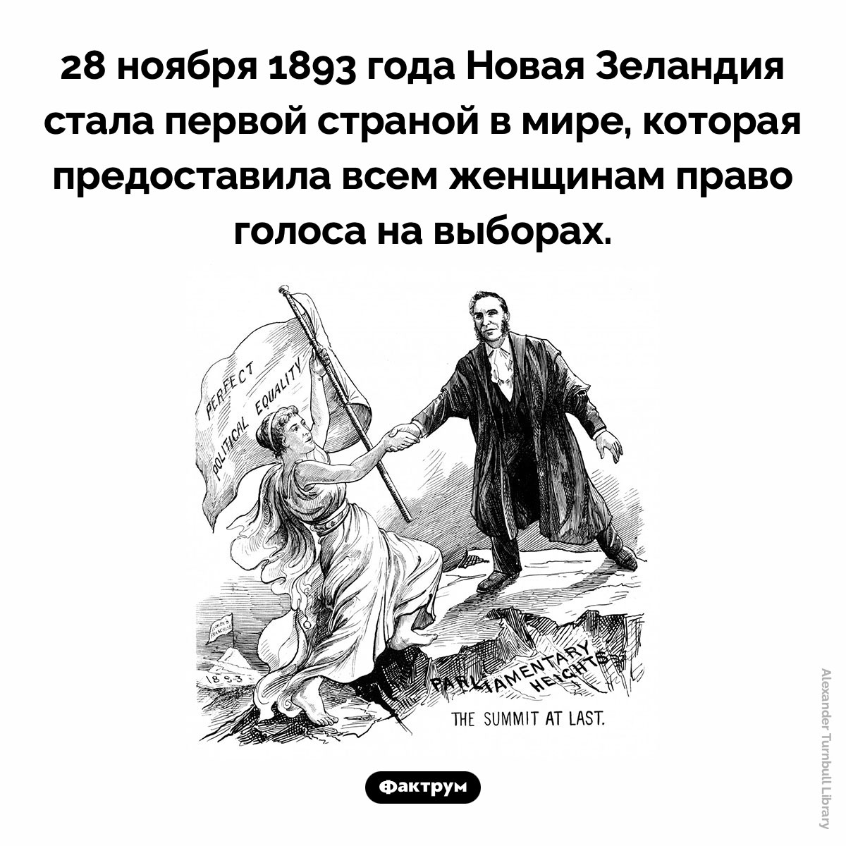 Первая страна, где женщины получили право голоса. 28 ноября 1893 года Новая Зеландия стала первой страной в мире, которая предоставила всем женщинам право голоса на выборах.