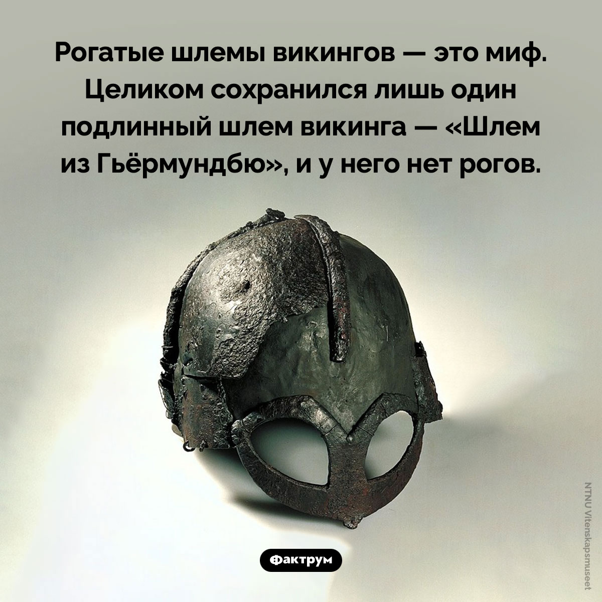Рогатые шлемы викингов — это миф. Рогатые шлемы викингов — это миф. Целиком сохранился лишь один подлинный шлем викинга — «Шлем из Гьёрмундбю», и у него нет рогов.