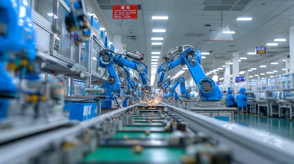 Роботы на конвейере китайской фабрики собирают электронные компоненты