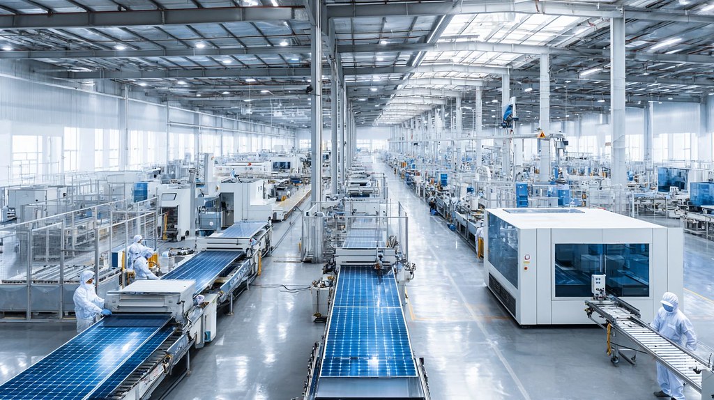 Производство солнечных панелей на современном китайском заводе