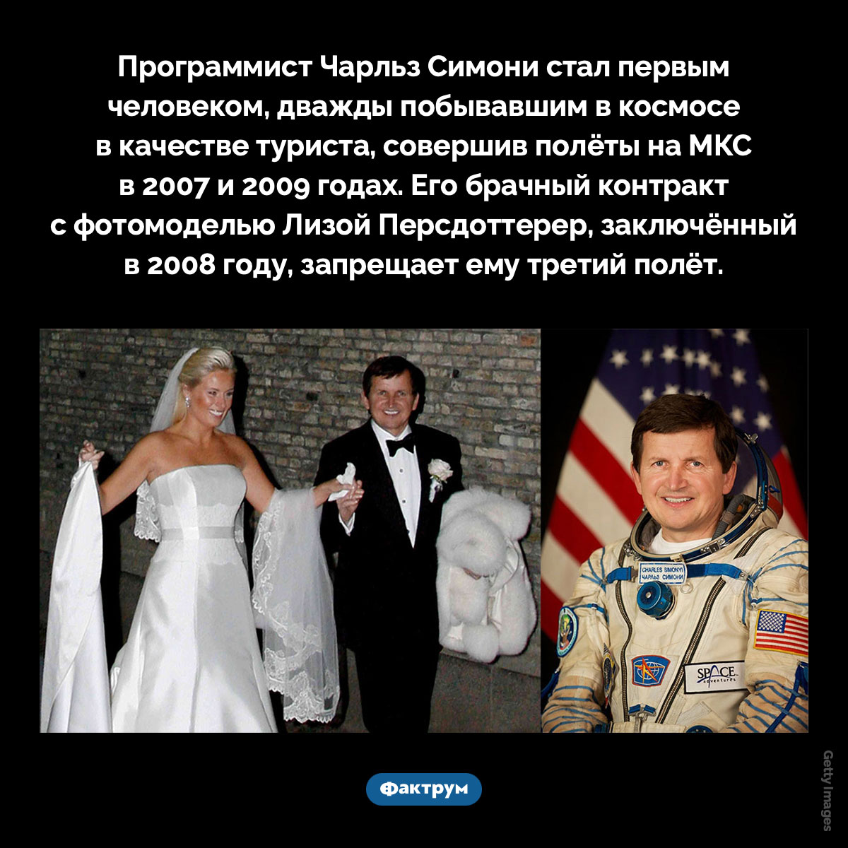 Двукратный космический турист. Программист Чарльз Симони стал первым человеком, дважды побывавшим в космосе в качестве туриста, совершив полёты на МКС в 2007 и 2009 годах. Его брачный контракт с фотомоделью Лизой Персдоттерер, заключённый в 2008 году, запрещает ему третий полёт.