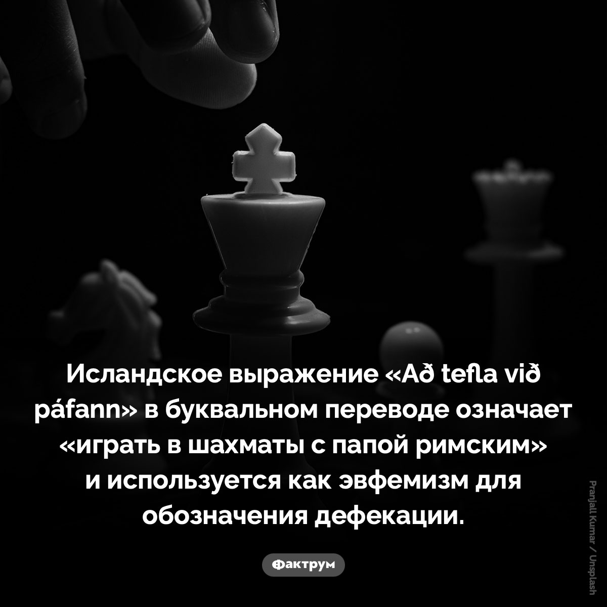 Игра в шахматы с папой римским. Исландское выражение «Að tefla við páfann» в буквальном переводе означает «играть в шахматы с папой римским» и используется как эвфемизм для обозначения дефекации.