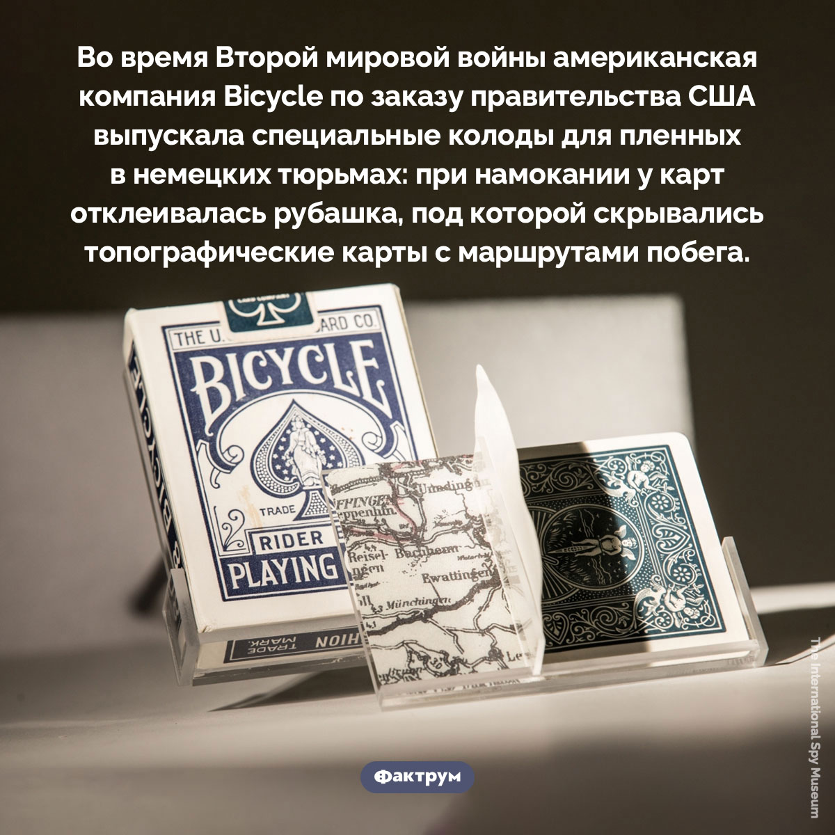 Карты с картами. Во время Второй мировой войны американская компания Bicycle по заказу правительства США выпускала специальные колоды для пленных в немецких тюрьмах: при намокании у карт отклеивалась рубашка, под которой скрывались топографические карты с маршрутами побега.