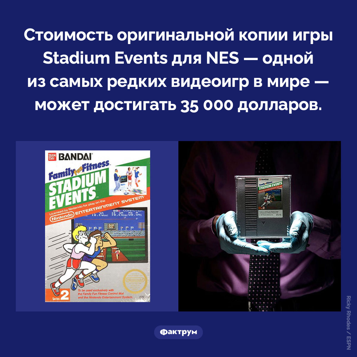 Одна из самых редких видеоигр в мире. Стоимость оригинальных копий игры Stadium Events для NES — одной из самых редких видеоигр в мире — может достигать 35 000 долларов.