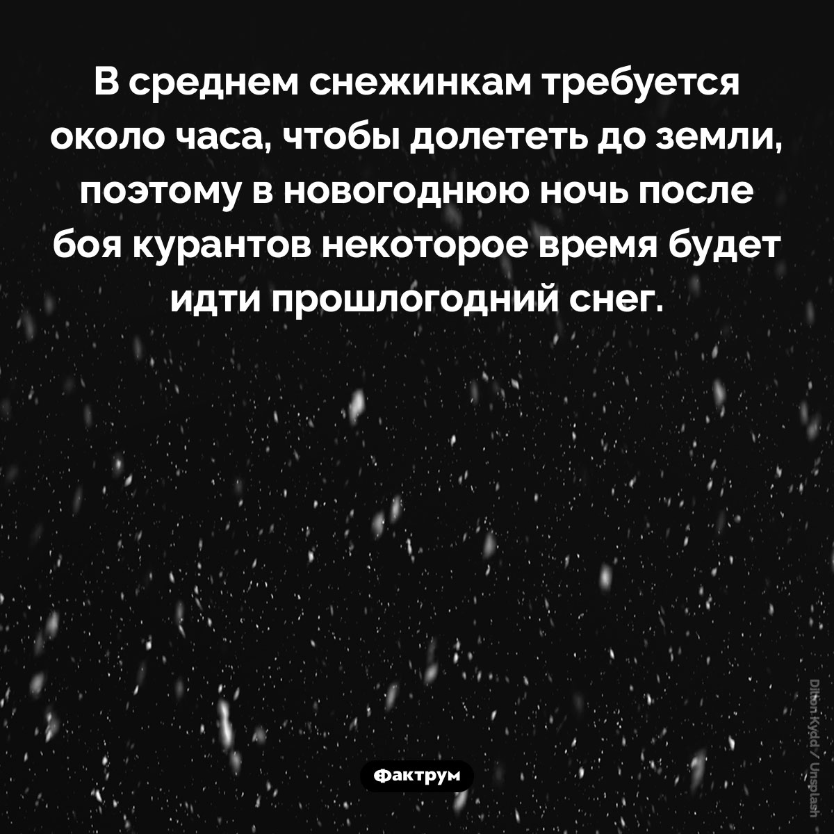 Прошлогодний снег. В среднем снежинкам требуется около часа, чтобы долететь до земли, поэтому в новогоднюю ночь после боя курантов некоторое время будет идти прошлогодний снег.