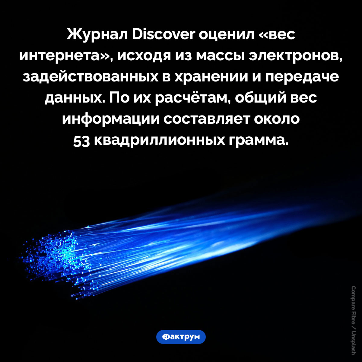 Сколько весит интернет. Журнал Discover оценил «вес интернета», исходя из массы электронов, задействованных в хранении и передаче данных. По их расчётам, общий вес информации составляет около 53 квадриллионных грамма.