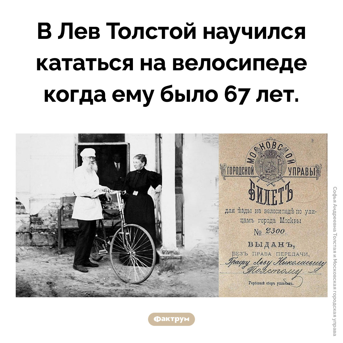 Толстой-велосипедист. В Лев Толстой научился кататься на велосипеде когда ему было 67 лет.