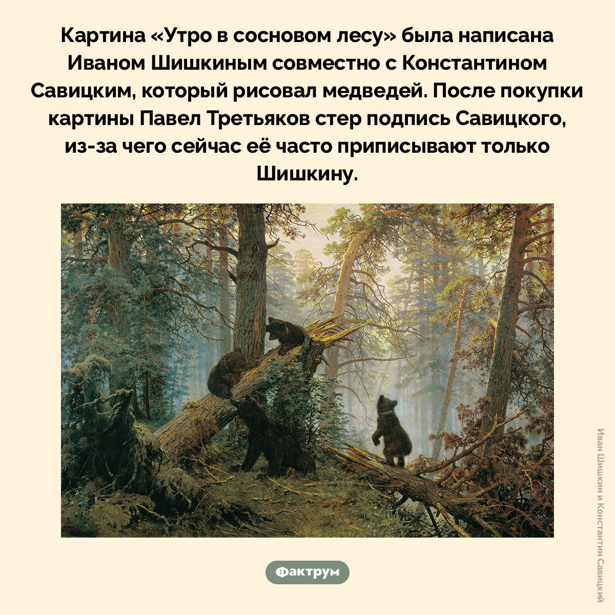 Утро в сосновом лесу. Картина «Утро в сосновом лесу» была написана Иваном Шишкиным совместно с Константином Савицким, который рисовал медведей. После покупки картины Павел Третьяков стер подпись Савицкого, из-за чего сейчас её часто приписывают только Шишкину.