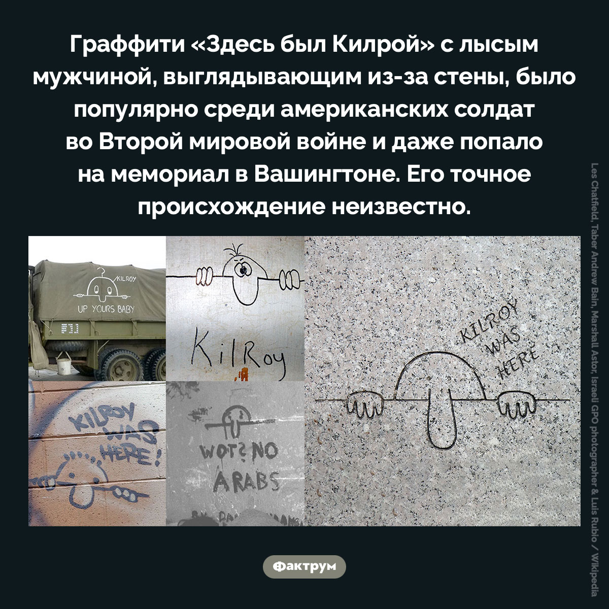 Здесь был Килрой. Граффити «Здесь был Килрой» с лысым мужчиной, выглядывающим из-за стены, было популярно среди американских солдат во Второй мировой войне и даже попало на мемориал в Вашингтоне. Его точное происхождение неизвестно.