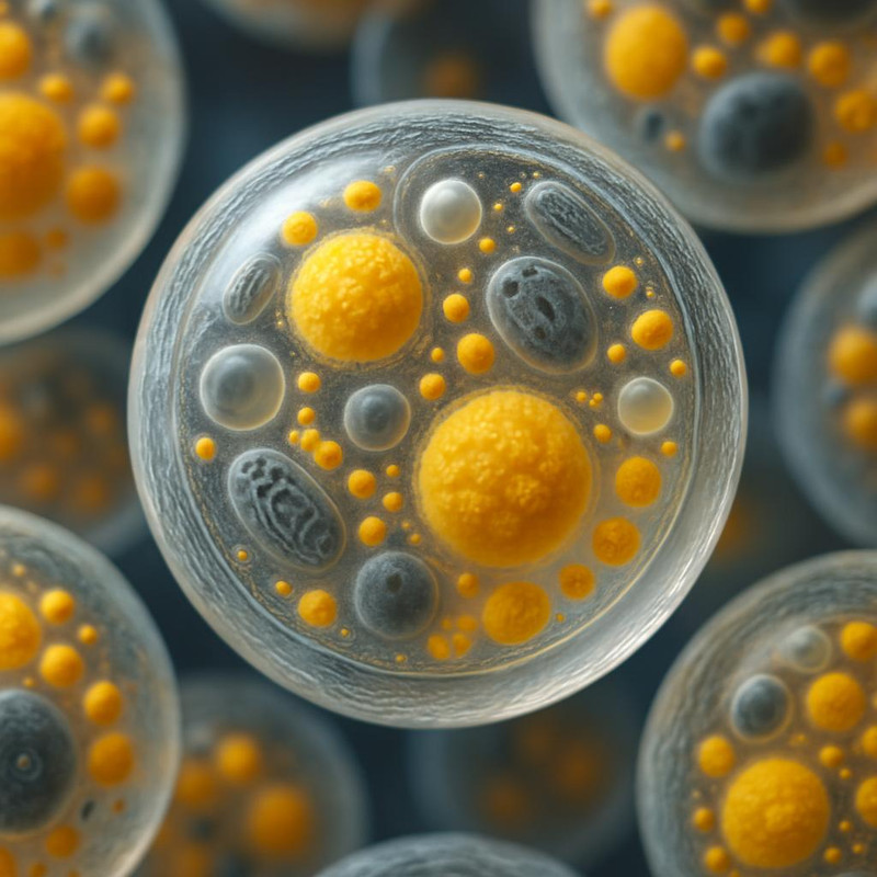 Микроскопический вид щучьей икры с выделенными питательными веществами