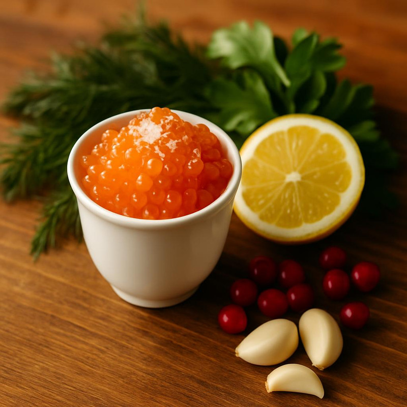 Щучья икра на столе с элементами, символизирующими иммунитет