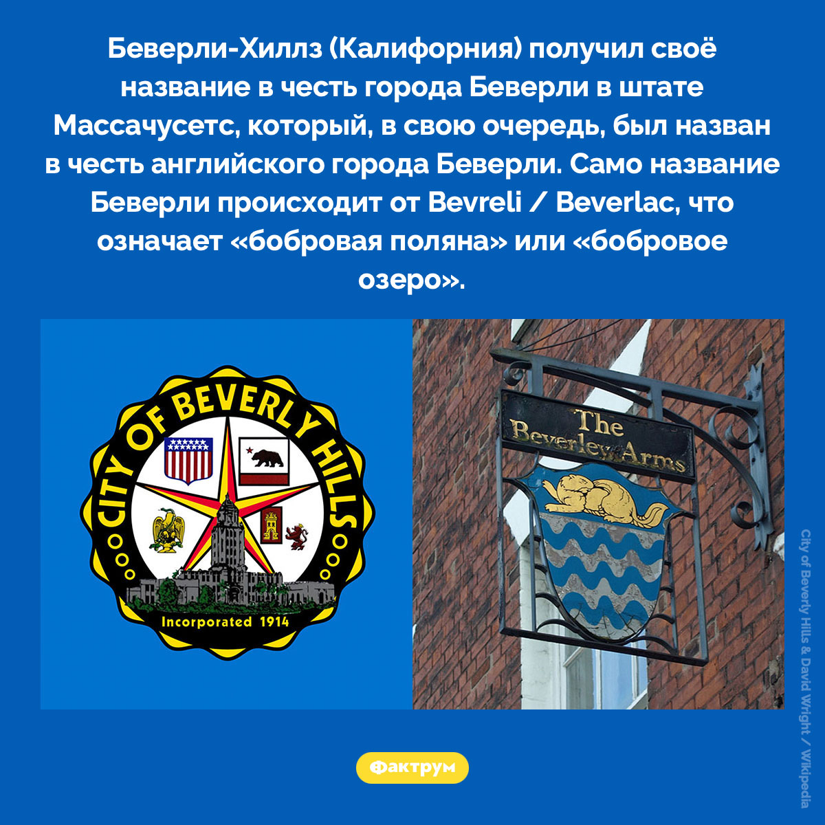Беверли. Беверли-Хиллз (Калифорния) получил своё название в честь города Беверли в штате Массачусетс, который, в свою очередь, был назван в честь английского города Беверли. Само название Беверли происходит от Bevreli / Beverlac, что означает «бобровая поляна» или «бобровое озеро».