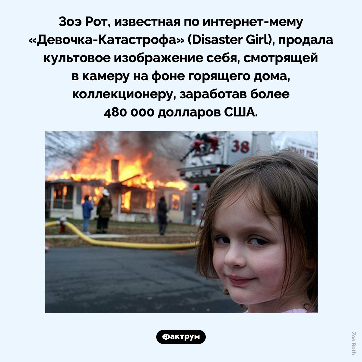 Девочка-Катастрофа. Зоэ Рот, известная по интернет-мему «Девочка-Катастрофа» (Disaster Girl), продала культовое изображение себя, смотрящей в камеру на фоне горящего дома, коллекционеру, заработав более 480 000 долларов США.