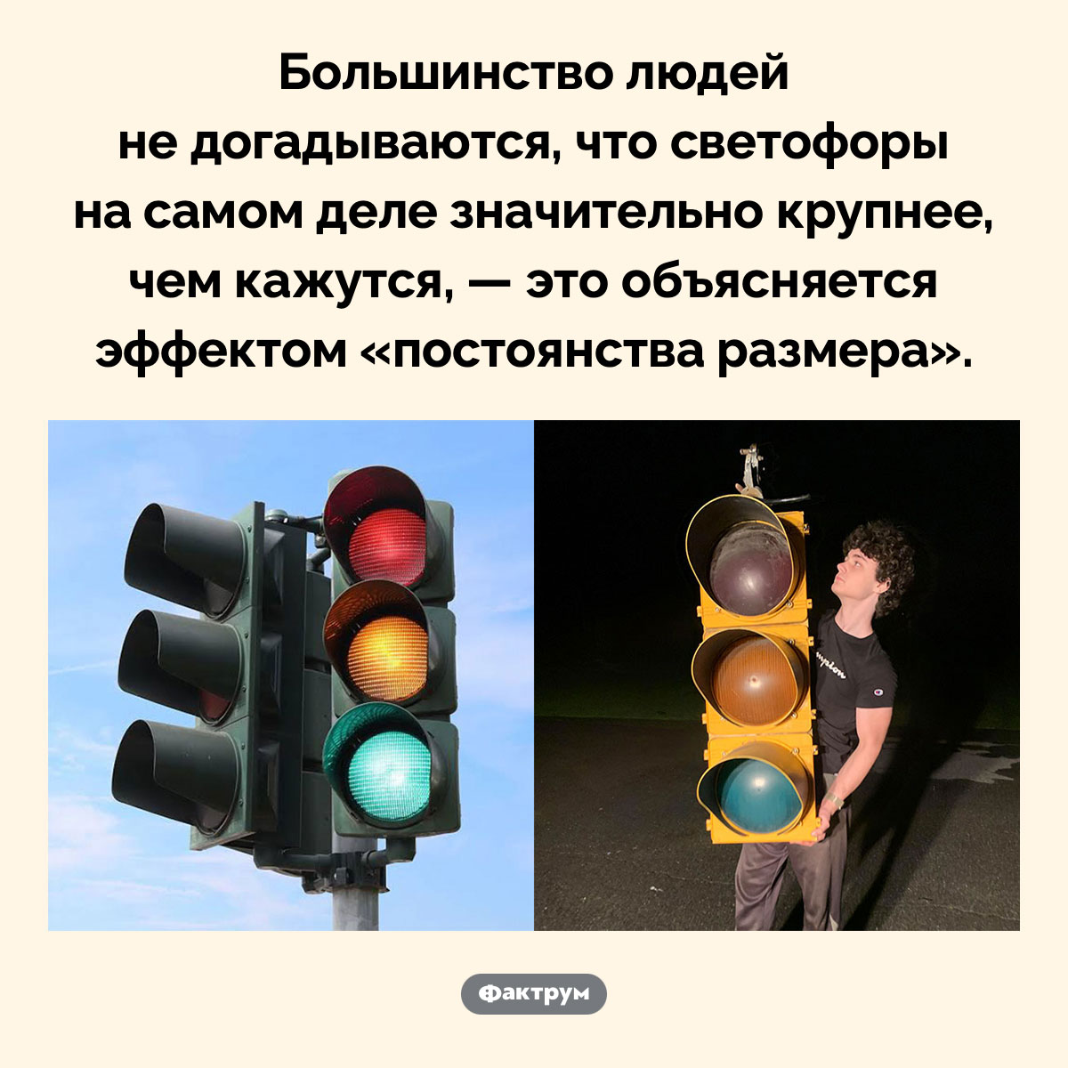 Эффект «постоянства размера». Большинство людей не догадываются, что светофоры на самом деле значительно крупнее, чем кажутся, — это объясняется эффектом «постоянства размера».