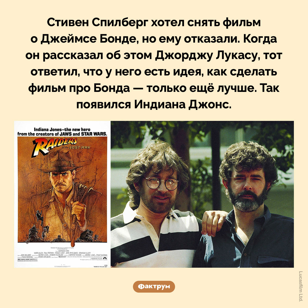 Фильм про Бонда — только лучше. Стивен Спилберг хотел снять фильм о Джеймсе Бонде, но ему отказали. Когда он рассказал об этом Джорджу Лукасу, тот ответил, что у него есть идея, как сделать фильм про Бонда — только ещё лучше. Так появился Индиана Джонс.
