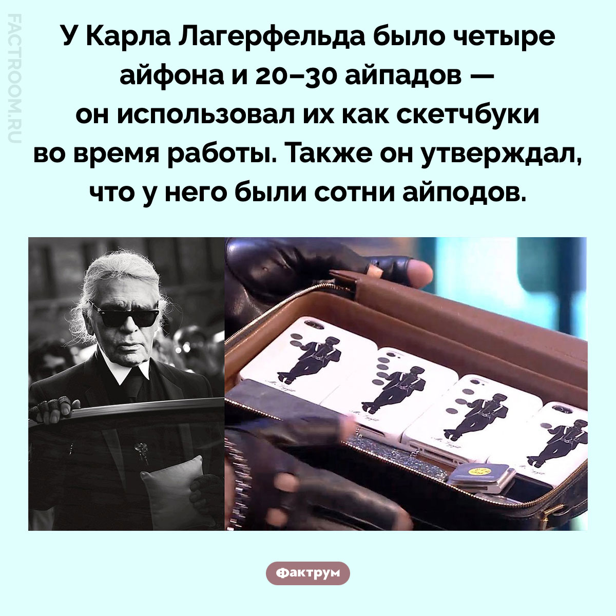 Гаджеты Карла Лагерфельда. У Карла Лагерфельда было четыре айфона и 20–30 айпадов — он использовал их как скетчбуки во время работы. Также он утверждал, что у него были сотни айподов.