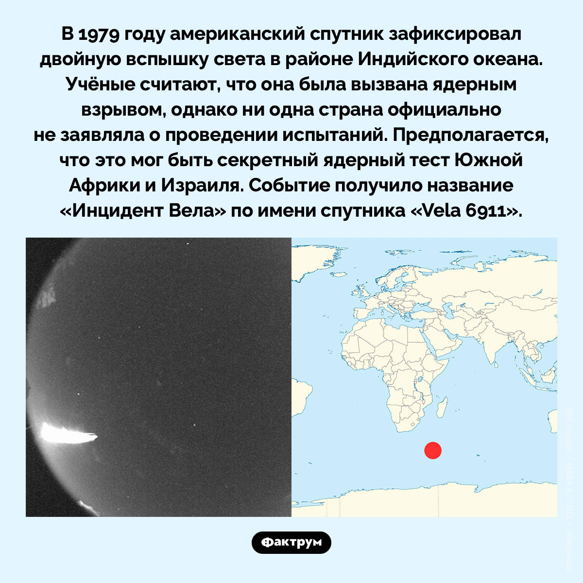 Инцидент Вела. В 1979 году американский спутник зафиксировал двойную вспышку света в районе Индийского океана. Учёные считают, что она была вызвана ядерным взрывом, однако ни одна страна официально не заявляла о проведении испытаний. Предполагается, что это мог быть секретный ядерный тест Южной Африки и Израиля. Событие получило название «Инцидент Вела» по имени спутника «Vela 6911».