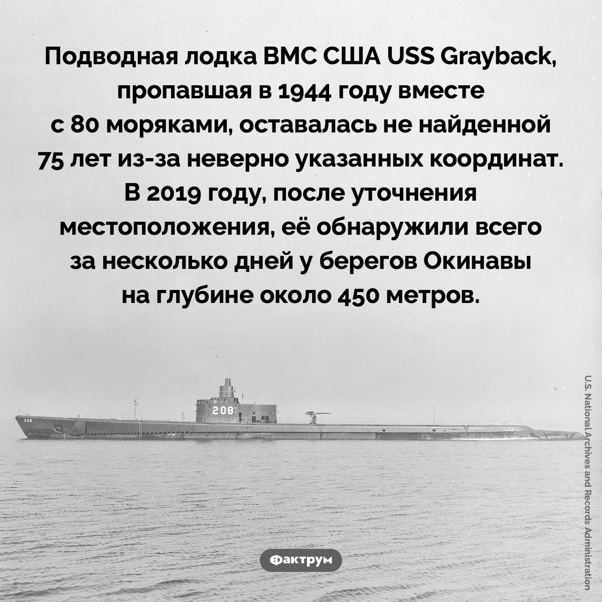 Исчезнувшая подлодка USS Grayback. Подводная лодка ВМС США USS Grayback, пропавшая в 1944 году вместе с 80 моряками, оставалась не найденной 75 лет из-за неверно указанных координат. В 2019 году, после уточнения местоположения, её обнаружили всего за несколько дней у берегов Окинавы на глубине около 450 метров.