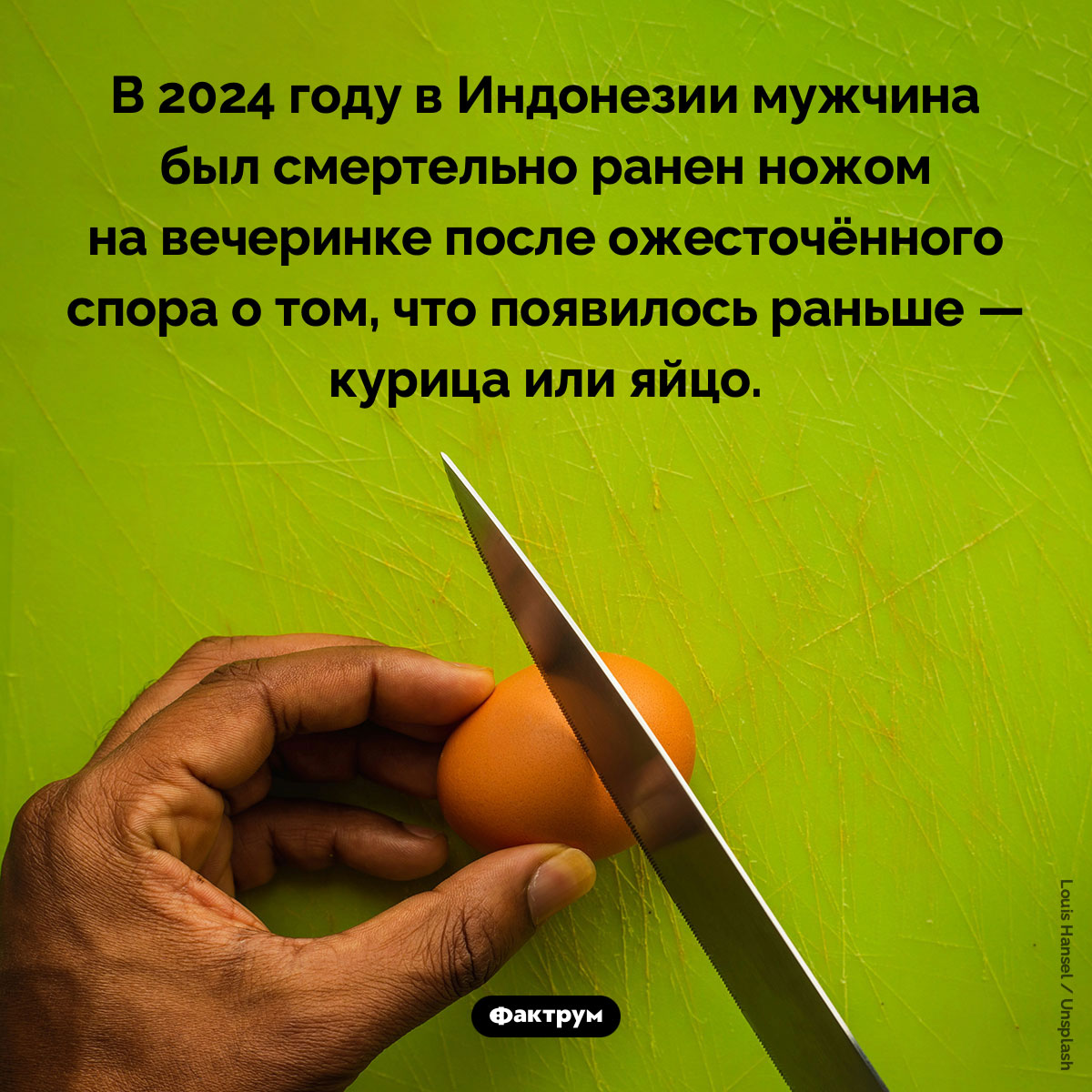 Курица, яйцо или жизнь. В 2024 году в Индонезии мужчина был смертельно ранен ножом на вечеринке после ожесточённого спора о том, что появилось раньше — курица или яйцо.