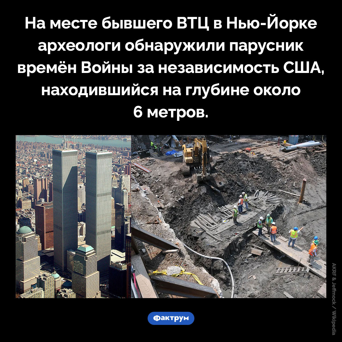 Парусник под ВТЦ в Нью-Йорке. На месте бывшего ВТЦ в Нью-Йорке археологи обнаружили парусник времён Войны за независимость США, находившийся на глубине около 6 метров.