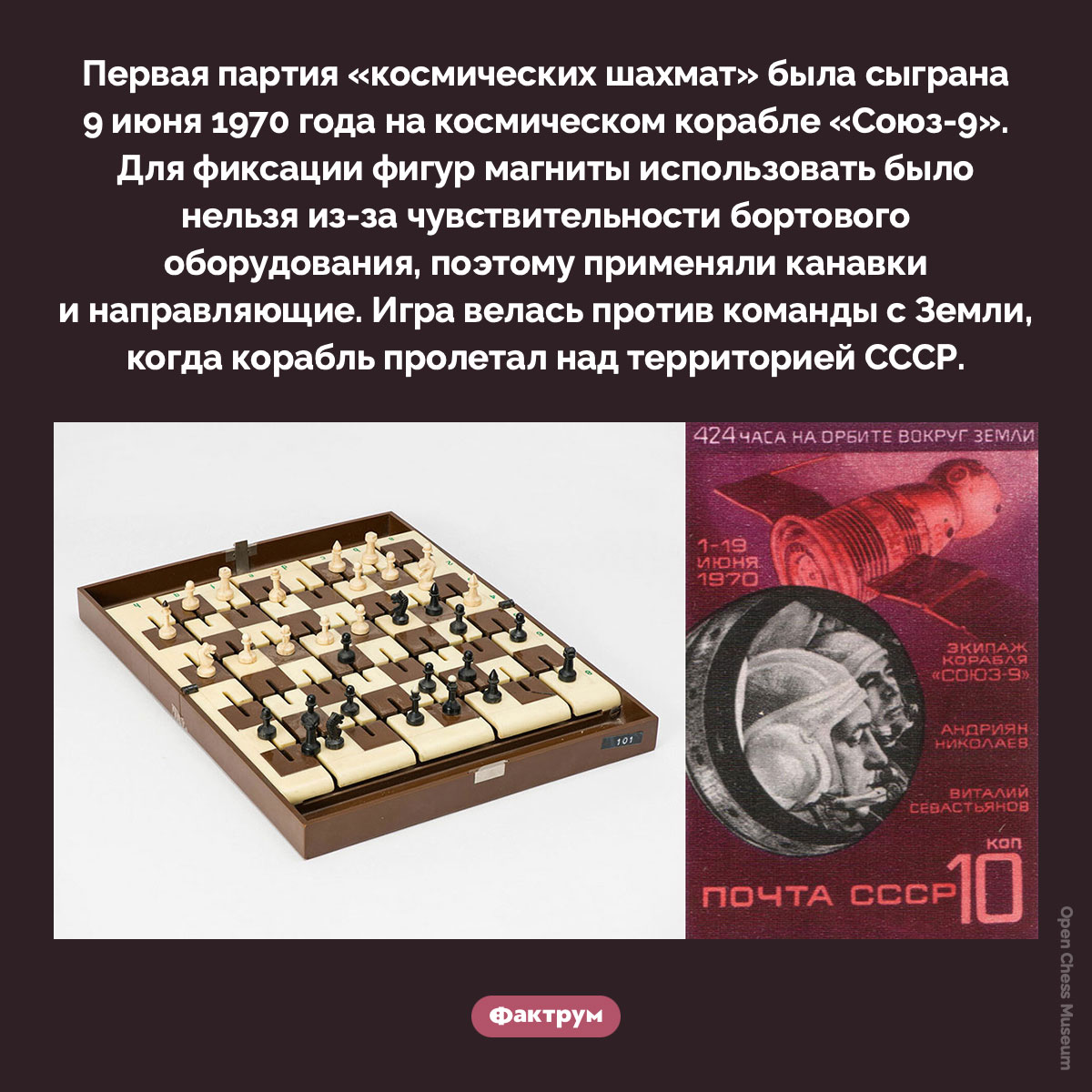 Первая партия «космических шахмат». Первая партия «космических шахмат» была сыграна 9 июня 1970 года на космическом корабле «Союз-9». Для фиксации фигур магниты использовать было нельзя из-за чувствительности бортового оборудования, поэтому применяли канавки и направляющие. Игра велась против команды с Земли, когда корабль пролетал над территорией СССР.