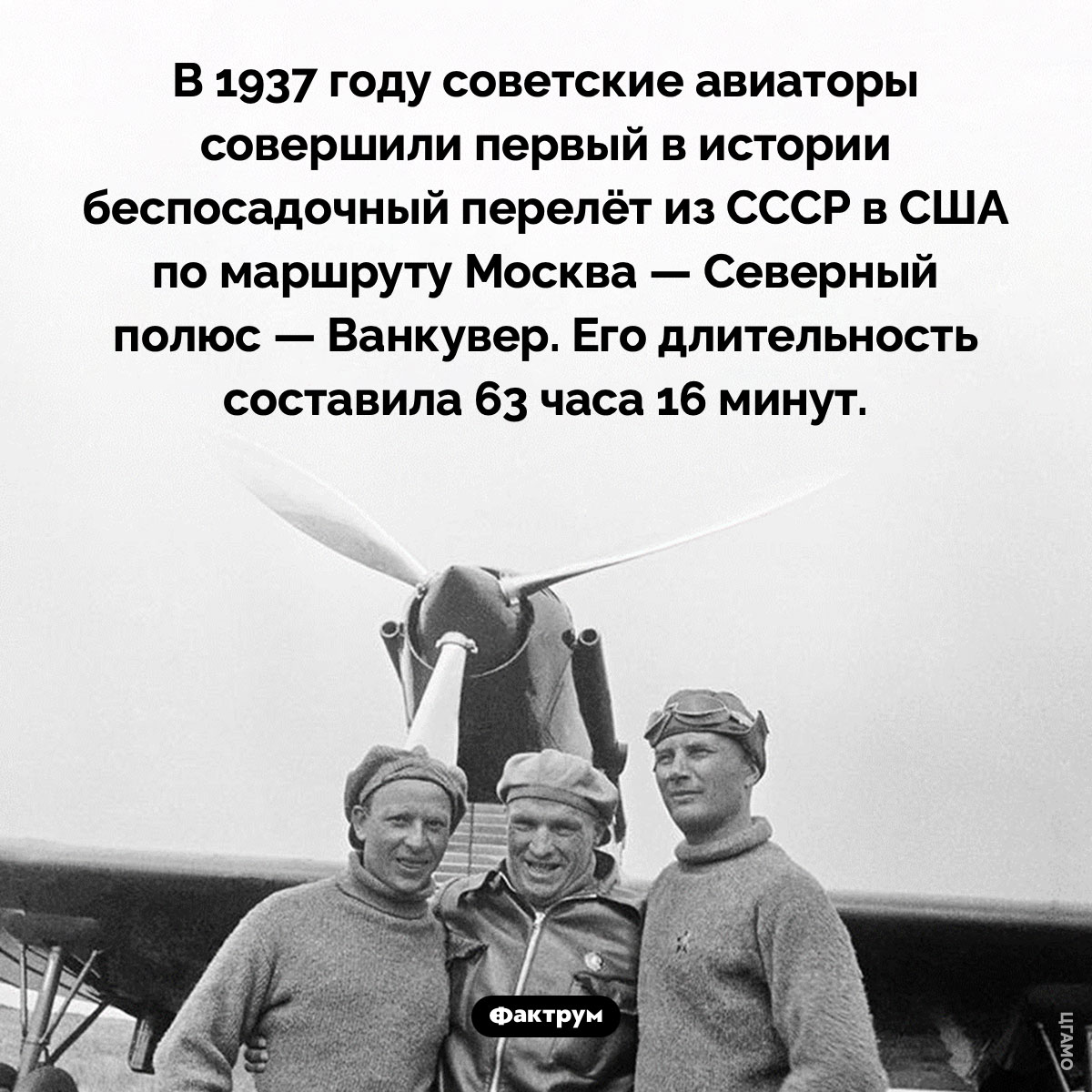 Первый беспосадочный перелёт из СССР в США. В 1937 году советские авиаторы совершили первый в истории беспосадочный перелёт из СССР в США по маршруту Москва — Северный полюс — Ванкувер. Его длительность составила 63 часа 16 минут.
