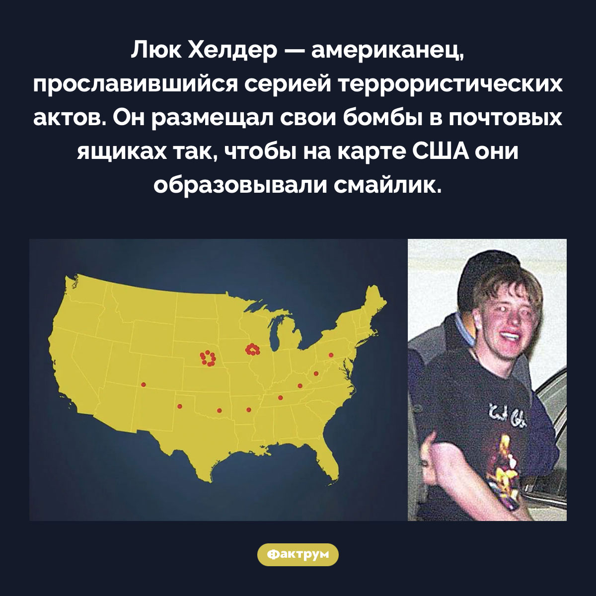 Смайлик Люка Хелдера. Люк Хелдер — американец, прославившийся серией террористических актов. Он размещал свои бомбы в почтовых ящиках так, чтобы на карте США они образовывали смайлик.
