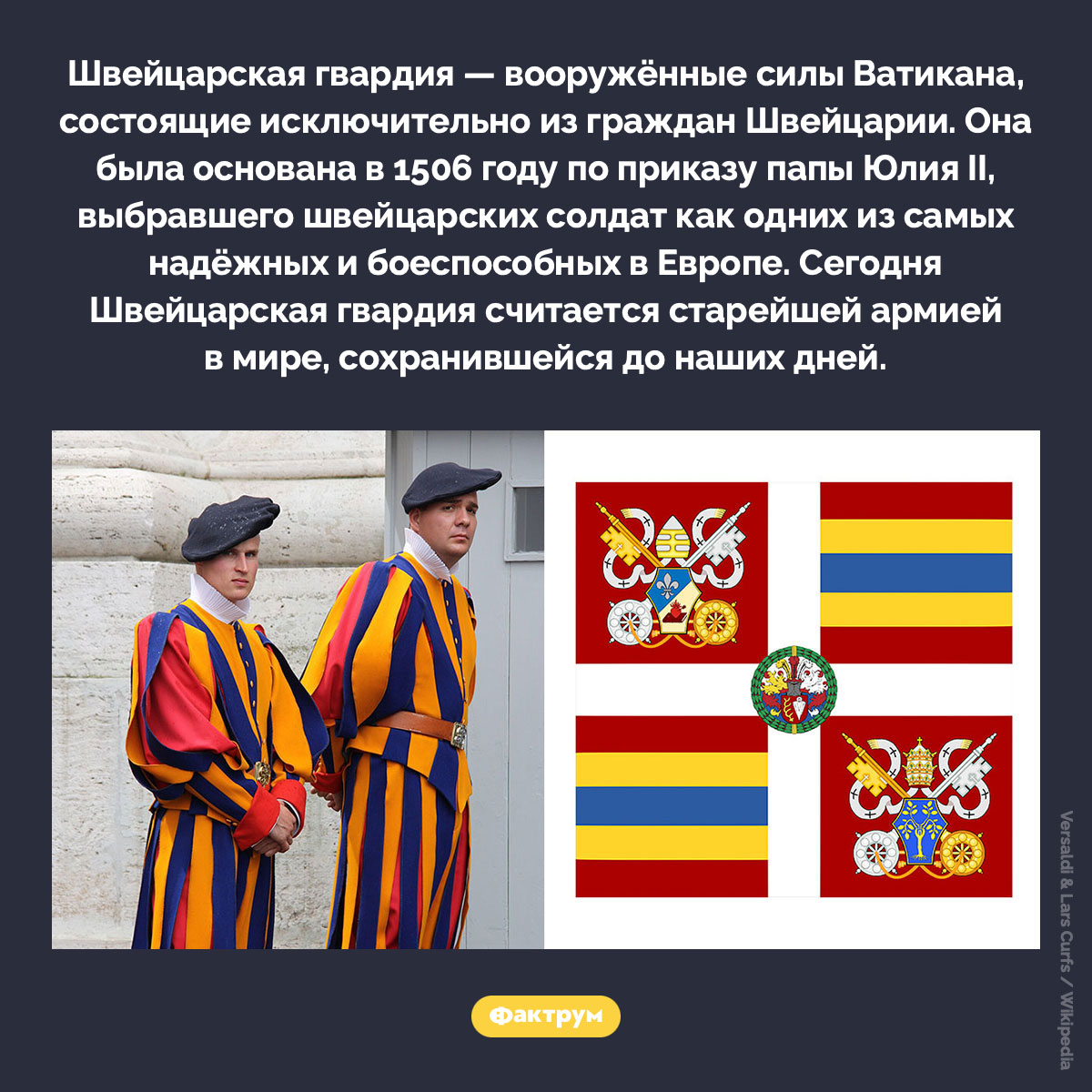Старейшая армия в мире, сохранившаяся до наших дней. Швейцарская гвардия — вооружённые силы Ватикана, состоящие исключительно из граждан Швейцарии. Она была основана в 1506 году по приказу папы Юлия II, выбравшего швейцарских солдат как одних из самых надёжных и боеспособных в Европе. Сегодня Швейцарская гвардия считается старейшей армией в мире, сохранившейся до наших дней.