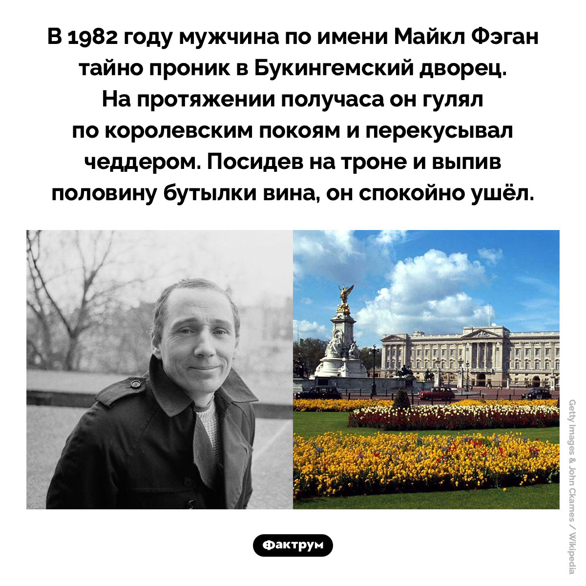 Тайное проникновение в Букингемский дворец. В 1982 году мужчина по имени Майкл Фэган тайно проник в Букингемский дворец. На протяжении получаса он гулял по королевским покоям и перекусывал чеддером. Посидев на троне и выпив половину бутылки вина, он спокойно ушёл.