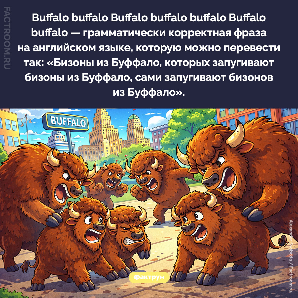 Buffalo buffalo Buffalo buffalo buffalo Buffalo buffalo. Buffalo buffalo Buffalo buffalo buffalo Buffalo buffalo — грамматически корректная фраза на английском языке, которую можно перевести так: «Бизоны из Буффало, которых запугивают бизоны из Буффало, сами запугивают бизонов из Буффало».