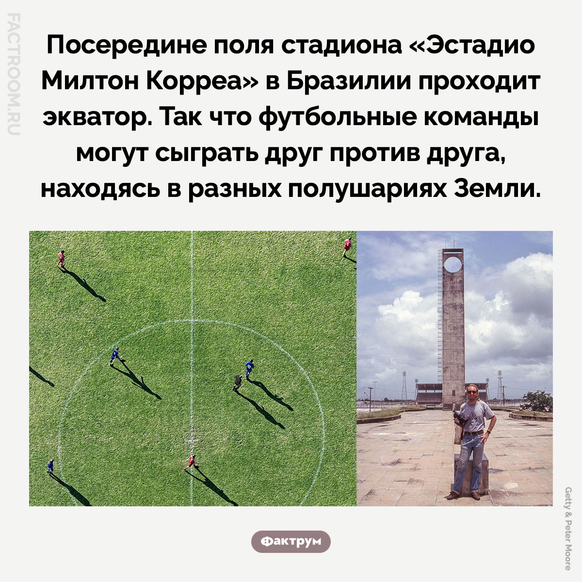 Футбол на разных полушариях. Посередине поля стадиона «Эстадио Милтон Корреа» в Бразилии проходит экватор. Так что футбольные команды могут сыграть друг против друга, находясь в разных полушариях Земли.