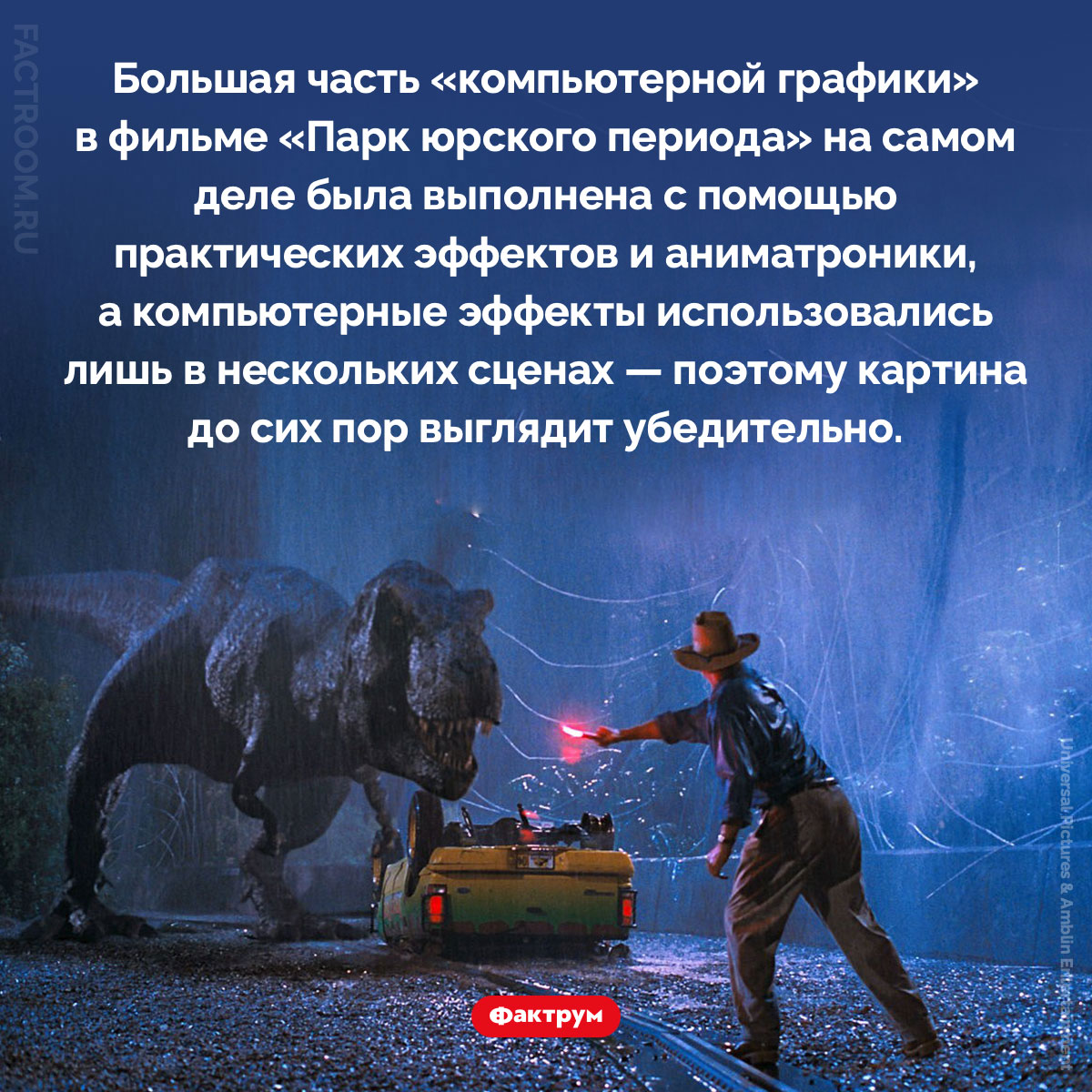 «Графика» в «Парке юрского периода». Большая часть «компьютерной графики» в фильме «Парк юрского периода» на самом деле была выполнена с помощью практических эффектов и аниматроники, а компьютерные эффекты использовались лишь в нескольких сценах — поэтому картина до сих пор выглядит убедительно.